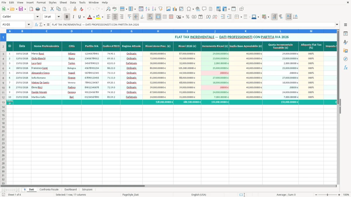 Schermata 1: foglio Dati - Modello Excel flat tax incrementale excel