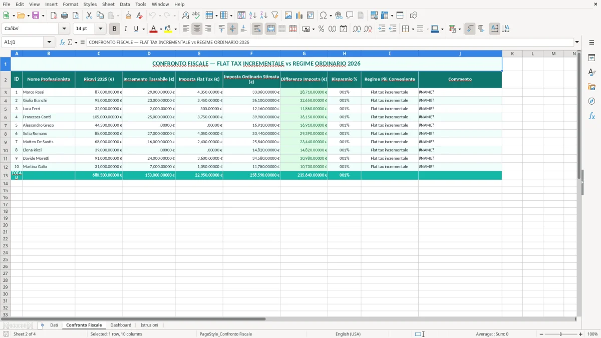 Schermata 2: foglio Confronto Fiscale - Modello Excel flat tax incrementale excel