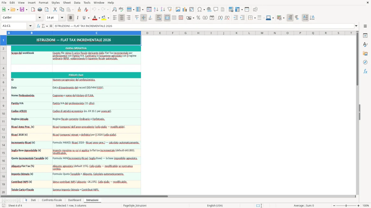 Schermata 4: foglio Istruzioni - Modello Excel flat tax incrementale excel