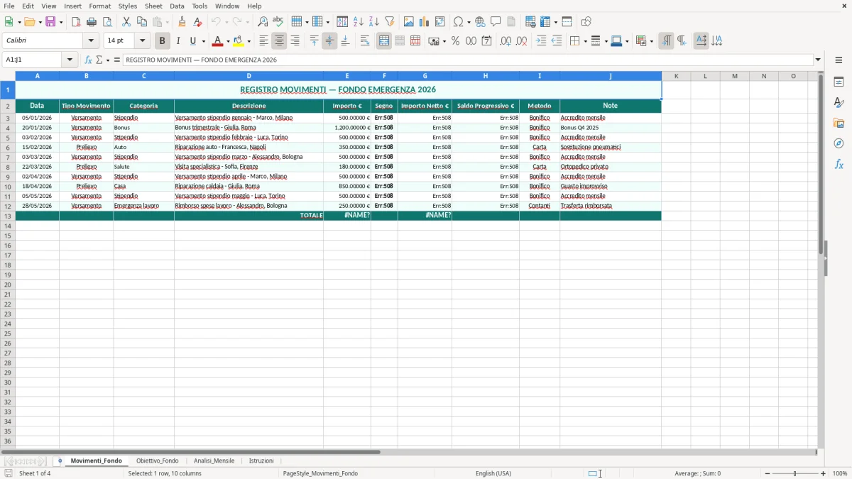 Schermata 1: foglio Movimenti_Fondo - Modello Excel fondo emergenza excel