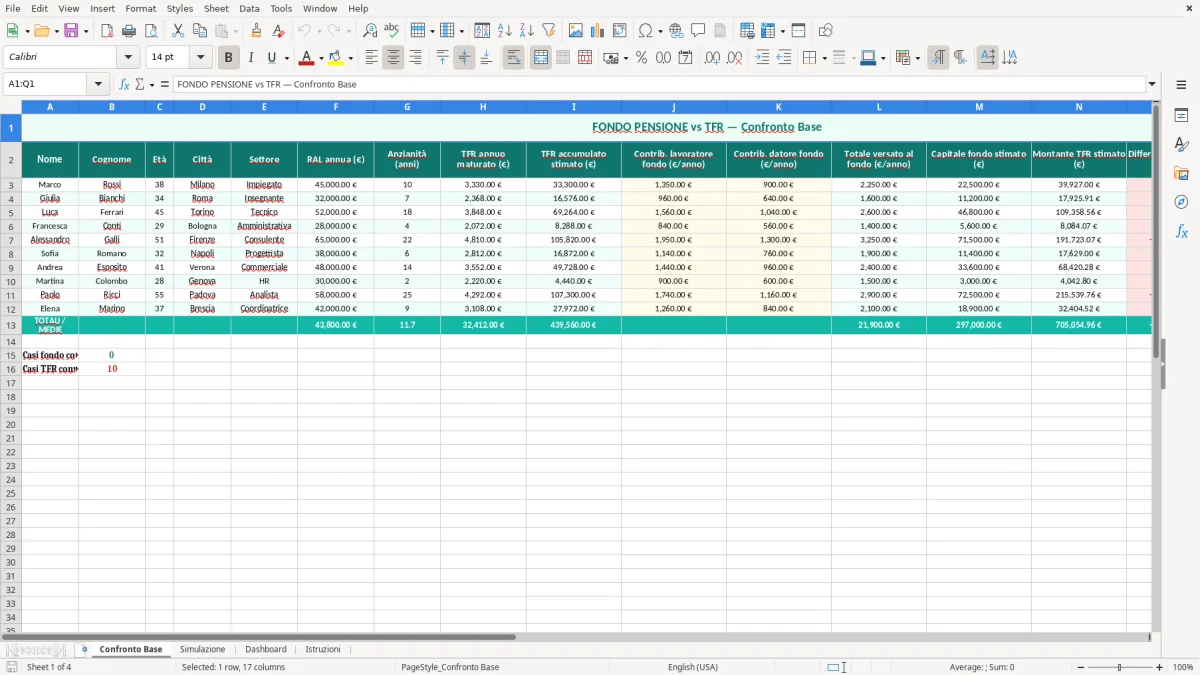 Schermata 1: foglio Confronto Base - Modello Excel fondo pensione vs tfr excel