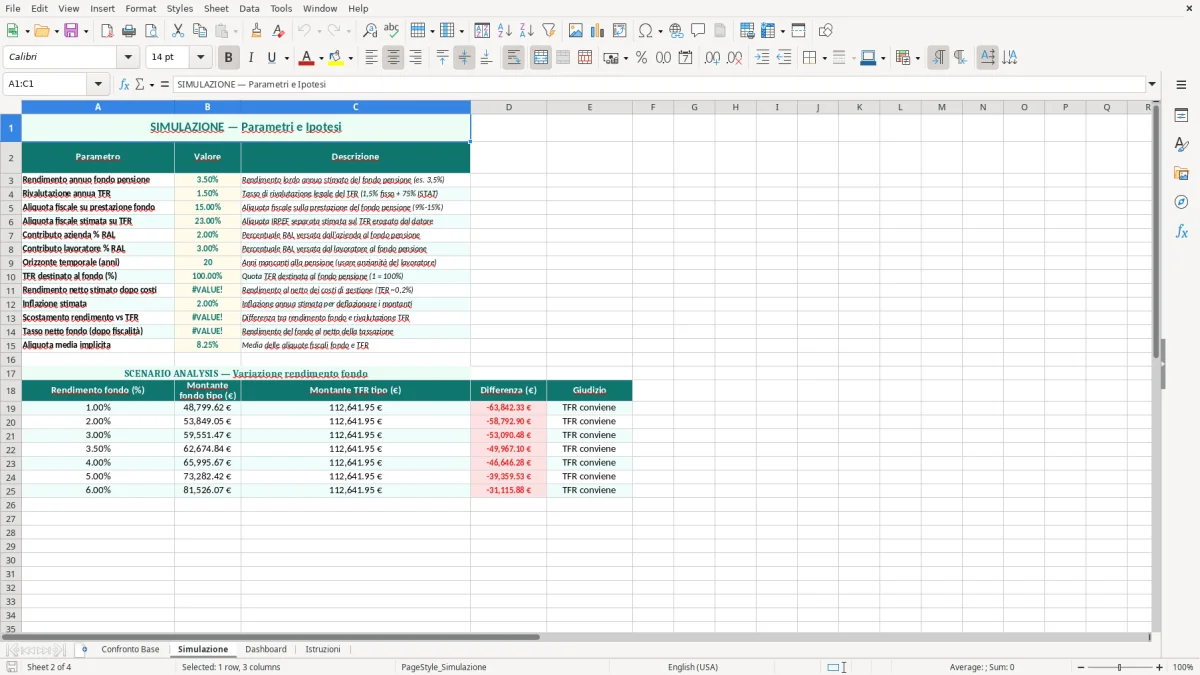 Schermata 2: foglio Simulazione - Modello Excel fondo pensione vs tfr excel