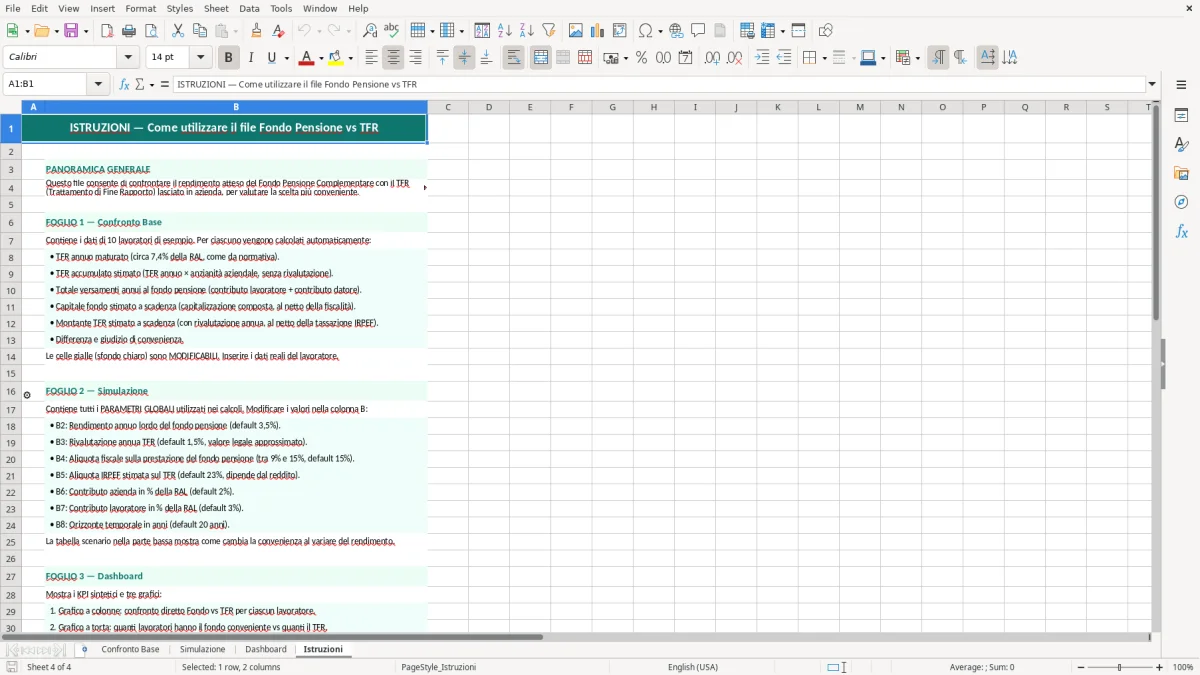 Schermata 4: foglio Istruzioni - Modello Excel fondo pensione vs tfr excel