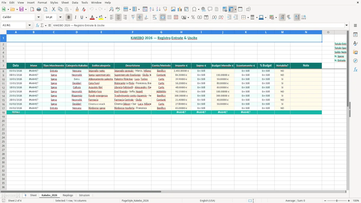 Schermata 1: foglio Sheet - Modello Excel metodo kakebo excel
