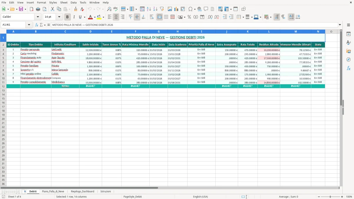 Schermata 1: foglio Debiti - Modello Excel metodo palla di neve debiti excel