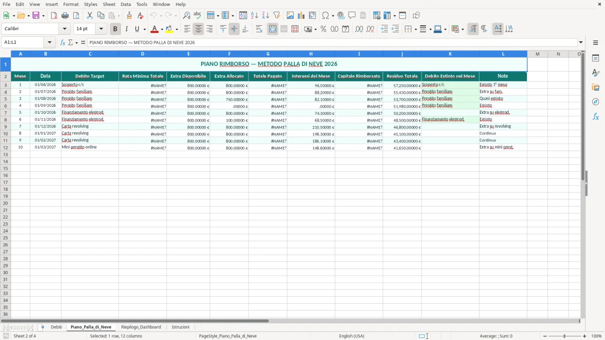Schermata 2: foglio Piano_Palla_di_Neve - Modello Excel metodo palla di neve debiti excel