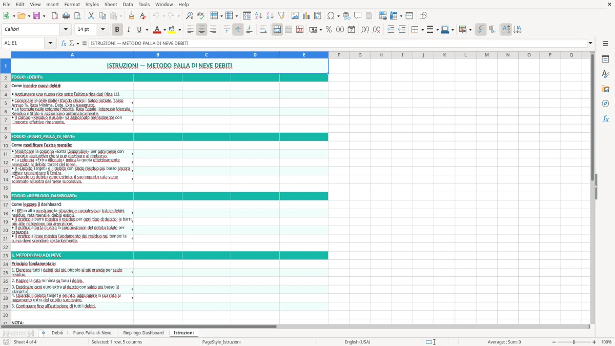 Schermata 4: foglio Istruzioni - Modello Excel metodo palla di neve debiti excel