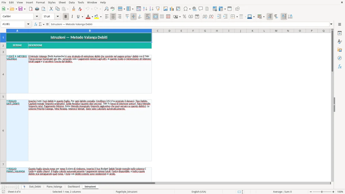 Schermata 4: foglio Istruzioni - Modello Excel metodo valanga debiti excel