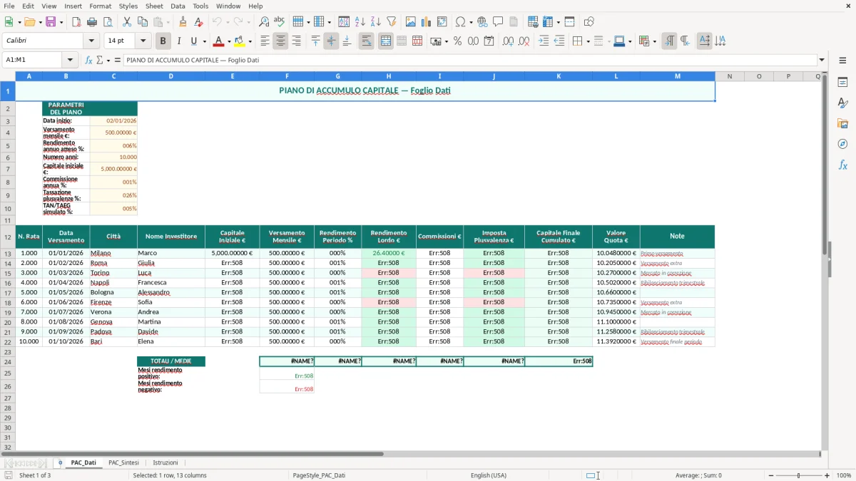 Schermata 1: foglio PAC_Dati - Modello Excel piano di accumulo capitale excel