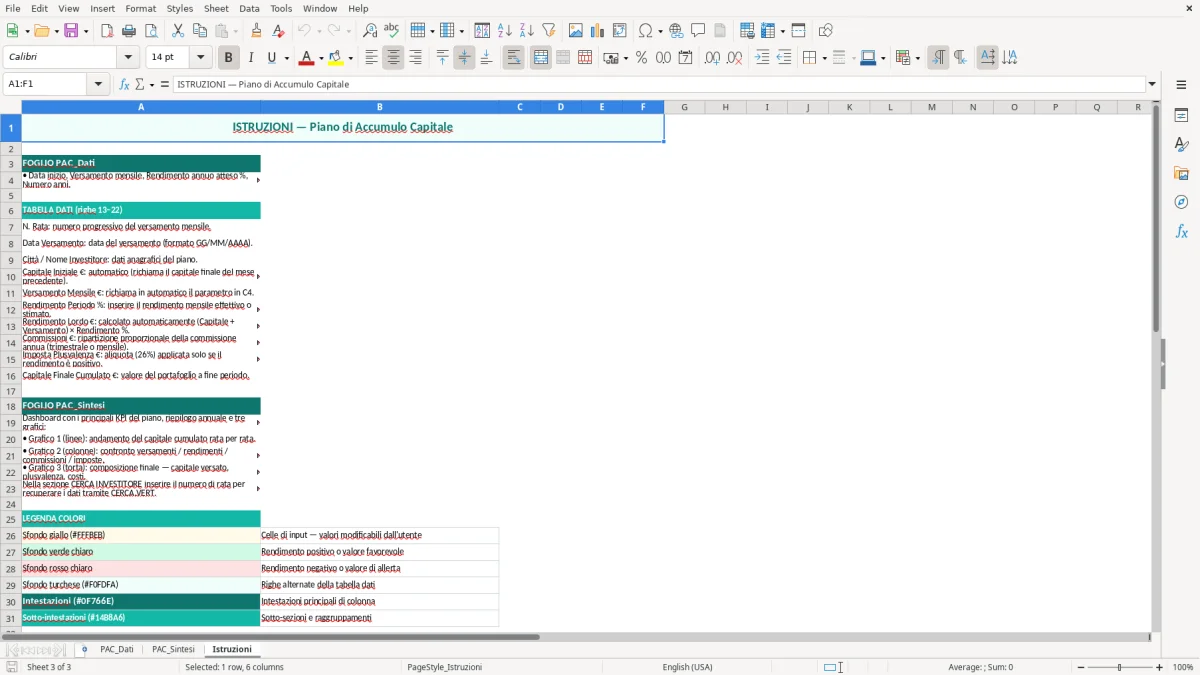 Schermata 3: foglio Istruzioni - Modello Excel piano di accumulo capitale excel