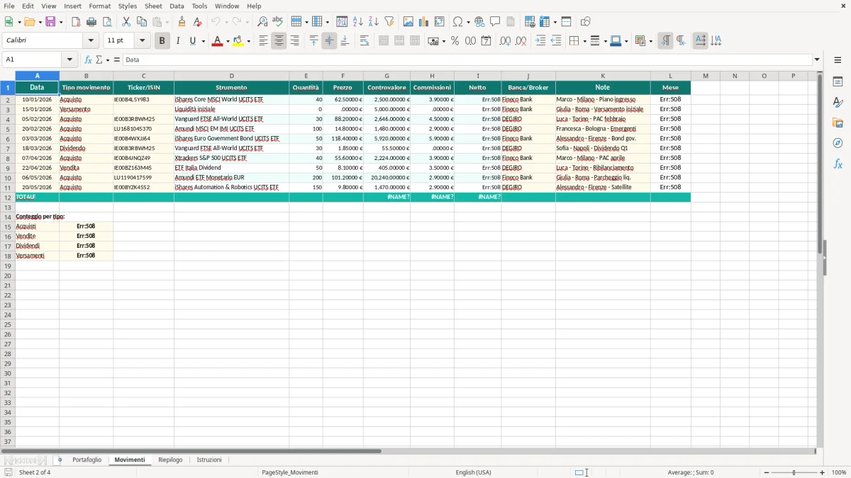Schermata 2: foglio Movimenti - Modello Excel portafoglio pigro excel