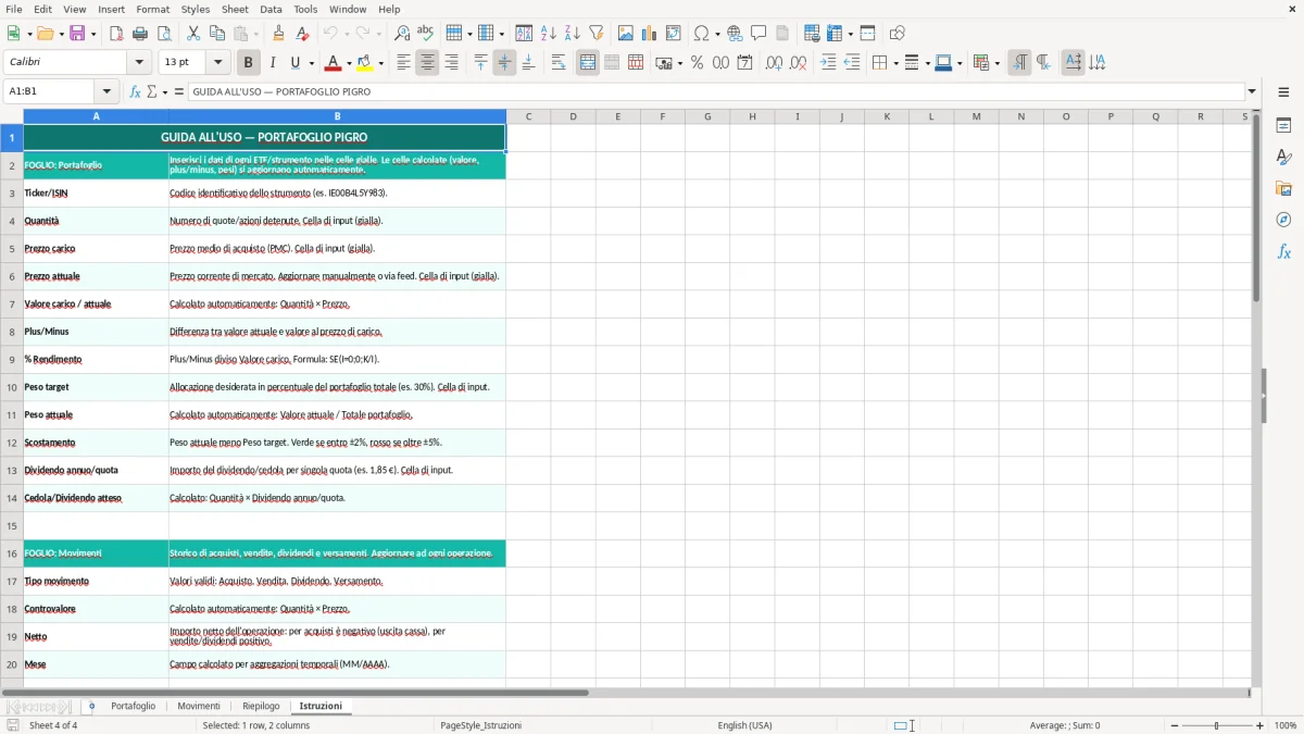 Schermata 4: foglio Istruzioni - Modello Excel portafoglio pigro excel