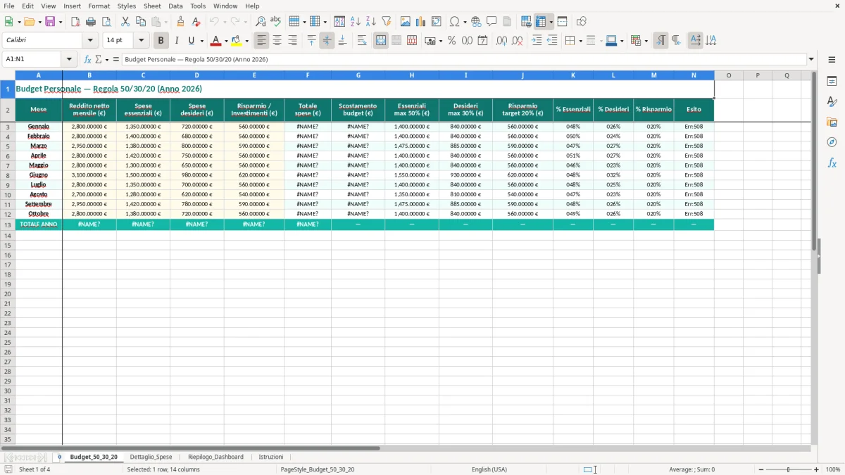 Schermata 1: foglio Budget_50_30_20 - Modello Excel regola 50 30 20 excel