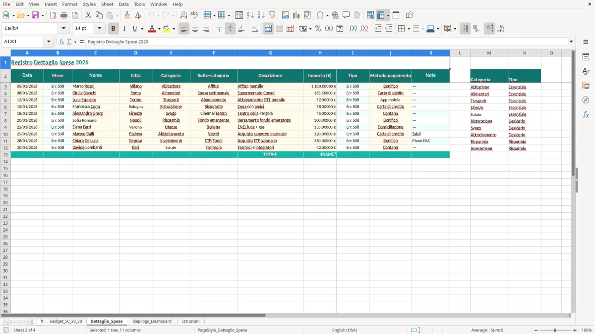 Schermata 2: foglio Dettaglio_Spese - Modello Excel regola 50 30 20 excel
