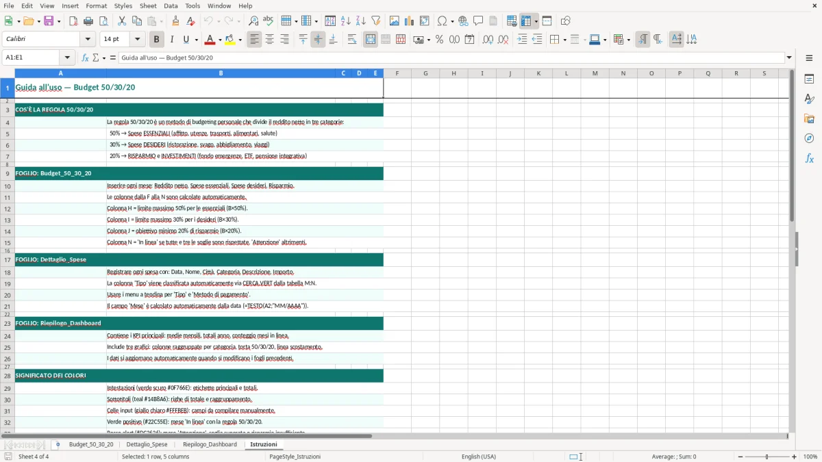 Schermata 4: foglio Istruzioni - Modello Excel regola 50 30 20 excel