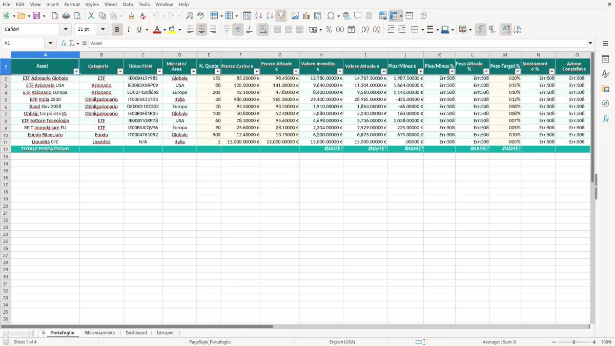 Schermata 1: foglio Portafoglio - Modello Excel ribilanciamento portafoglio excel