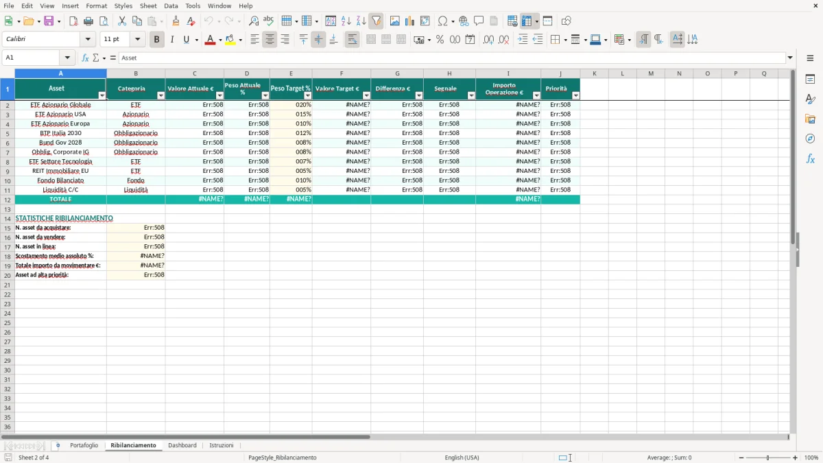 Schermata 2: foglio Ribilanciamento - Modello Excel ribilanciamento portafoglio excel