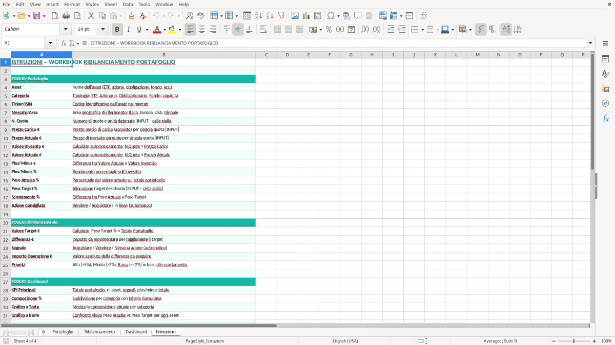 Schermata 4: foglio Istruzioni - Modello Excel ribilanciamento portafoglio excel