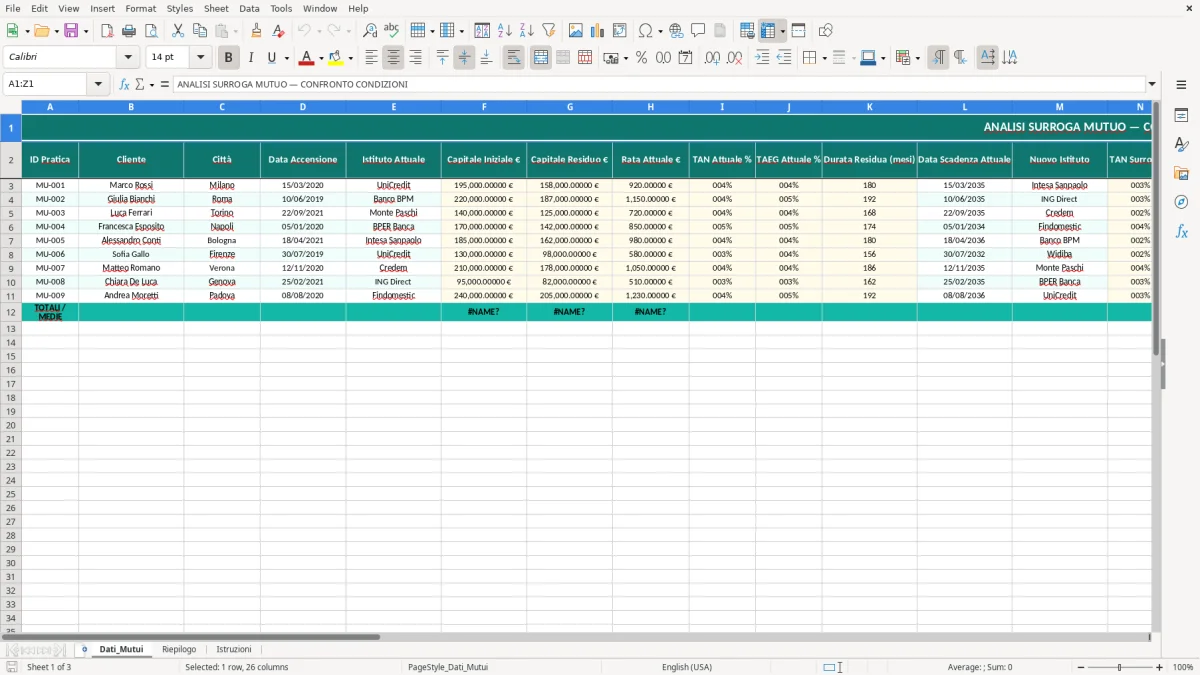 Schermata 1: foglio Dati_Mutui - Modello Excel surroga mutuo excel