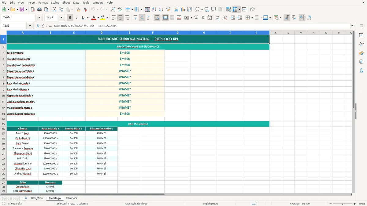 Schermata 2: foglio Riepilogo - Modello Excel surroga mutuo excel