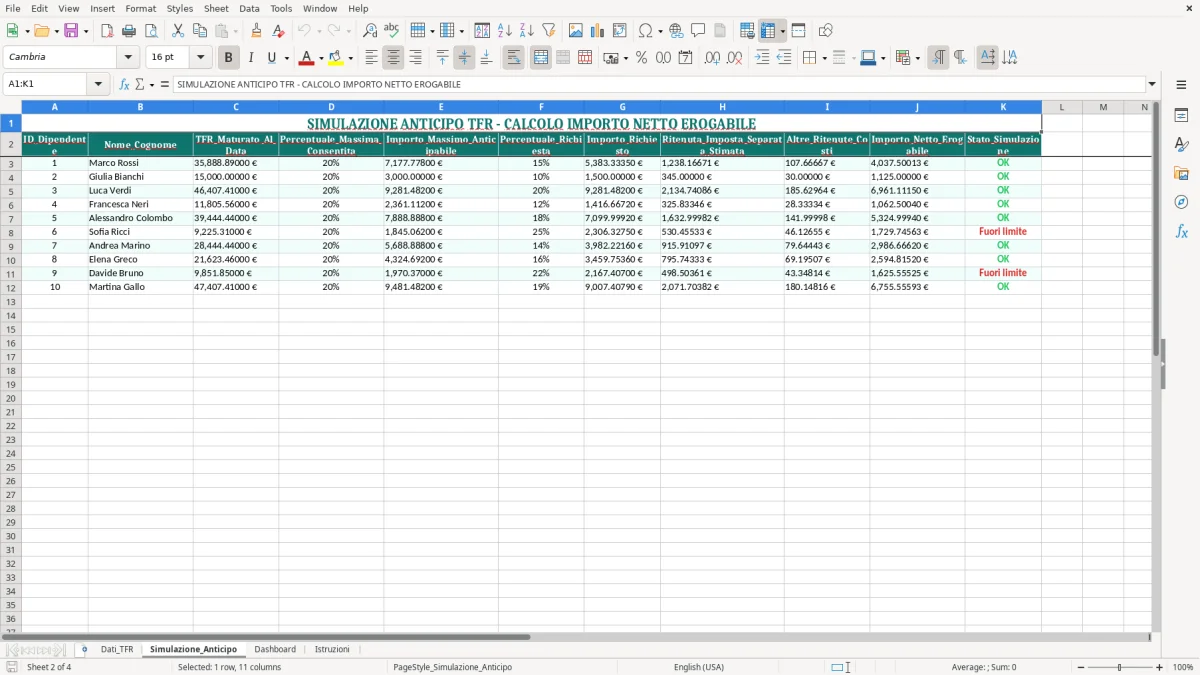 Schermata 2: foglio Simulazione_Anticipo - Modello Excel calcolo anticipo tfr excel