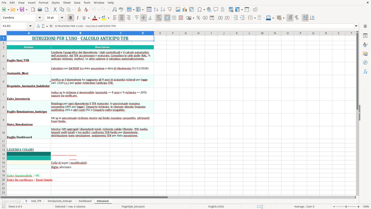 Schermata 4: foglio Istruzioni - Modello Excel calcolo anticipo tfr excel