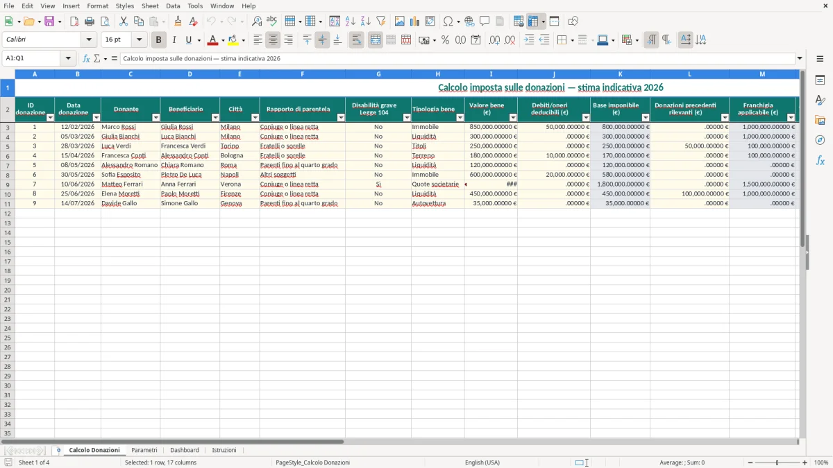 Schermata 1: foglio Calcolo Donazioni - Modello Excel calcolo imposta donazione excel