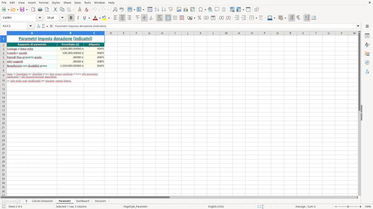Schermata 2: foglio Parametri - Modello Excel calcolo imposta donazione excel