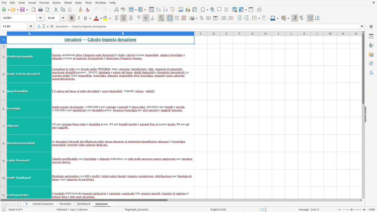 Schermata 4: foglio Istruzioni - Modello Excel calcolo imposta donazione excel