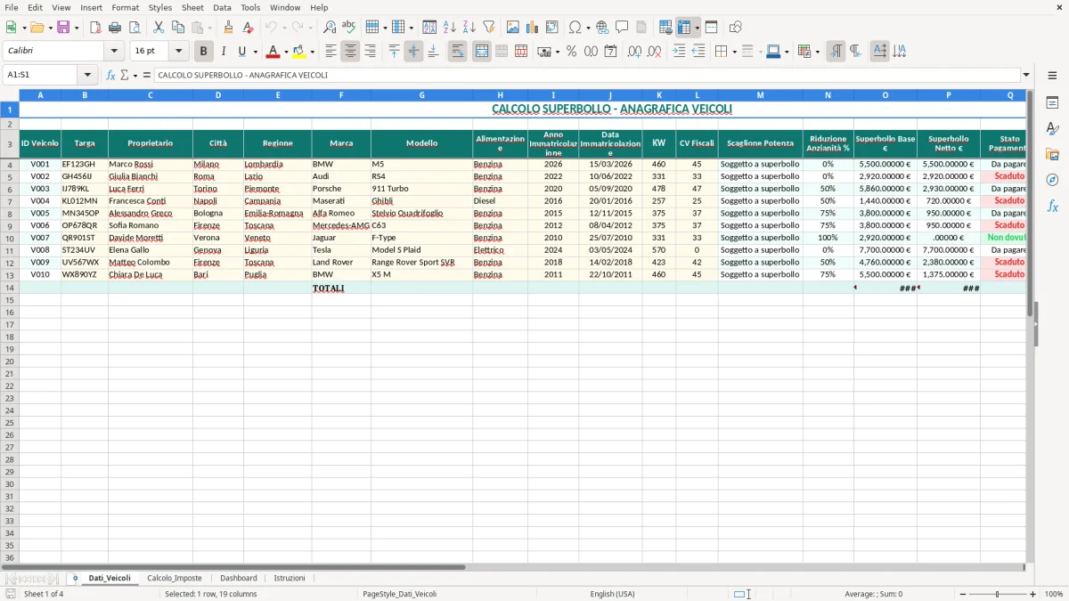 Schermata 1: foglio Dati_Veicoli - Modello Excel calcolo superbollo excel