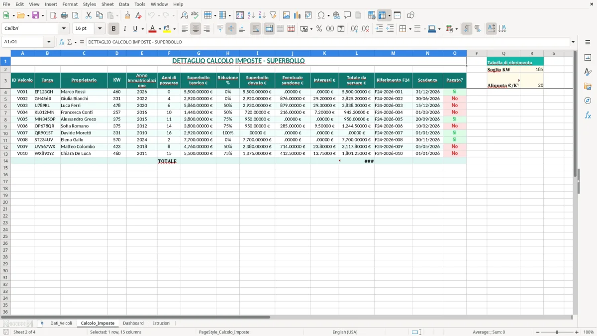 Schermata 2: foglio Calcolo_Imposte - Modello Excel calcolo superbollo excel