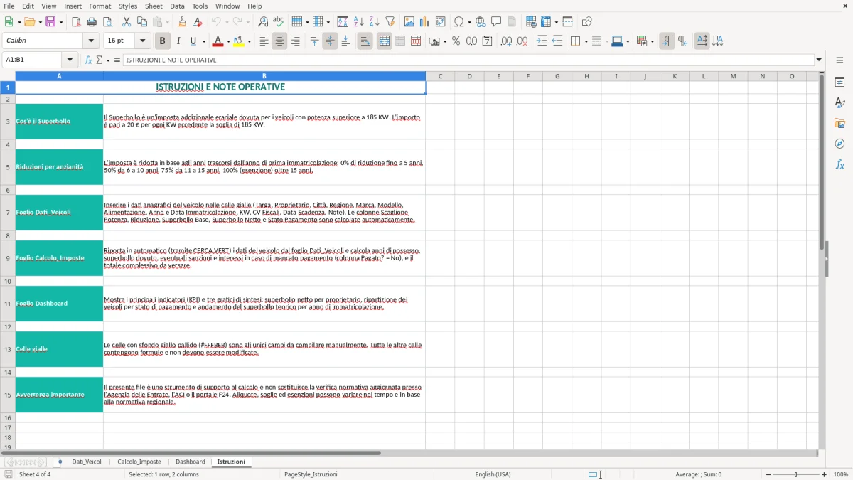 Schermata 4: foglio Istruzioni - Modello Excel calcolo superbollo excel