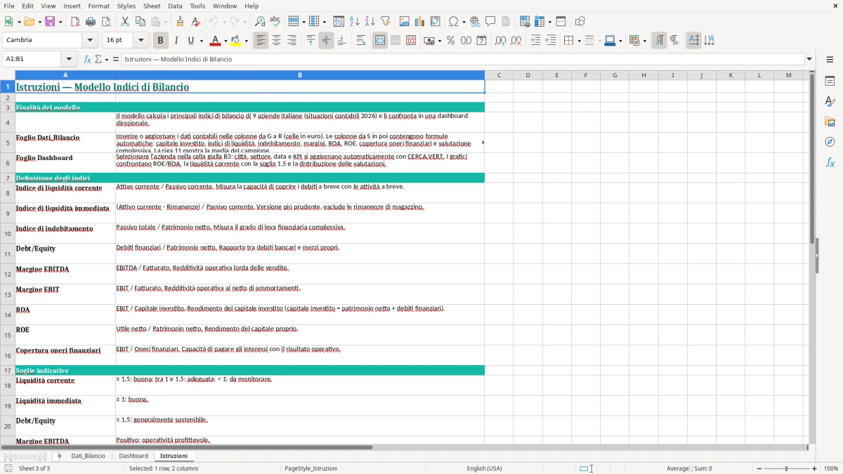 Schermata 3: foglio Istruzioni - Modello Excel indici di bilancio excel