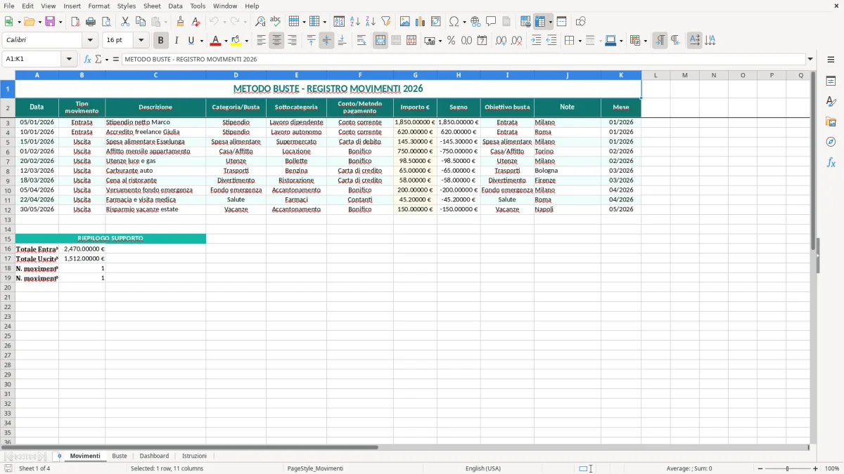 Schermata 1: foglio Movimenti - Modello Excel metodo buste excel