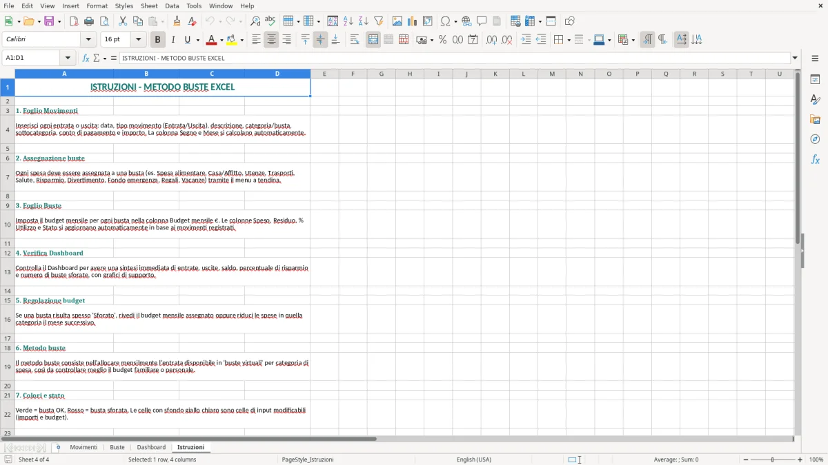 Schermata 4: foglio Istruzioni - Modello Excel metodo buste excel