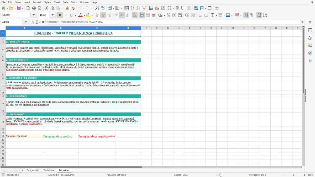 Schermata 3: foglio Istruzioni - Modello Excel tracker indipendenza finanziaria excel