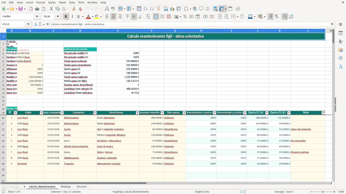 Schermata 1: foglio Calcolo_Mantenimento - Modello Excel calcolo mantenimento figli excel