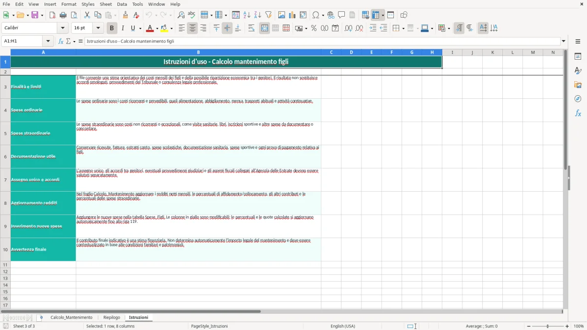 Schermata 3: foglio Istruzioni - Modello Excel calcolo mantenimento figli excel