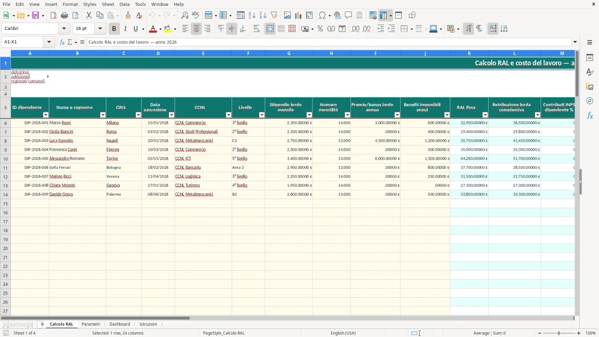Schermata 1: foglio Calcolo RAL - Modello Excel calcolo ral excel