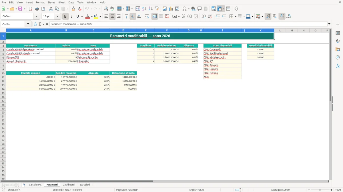 Schermata 2: foglio Parametri - Modello Excel calcolo ral excel