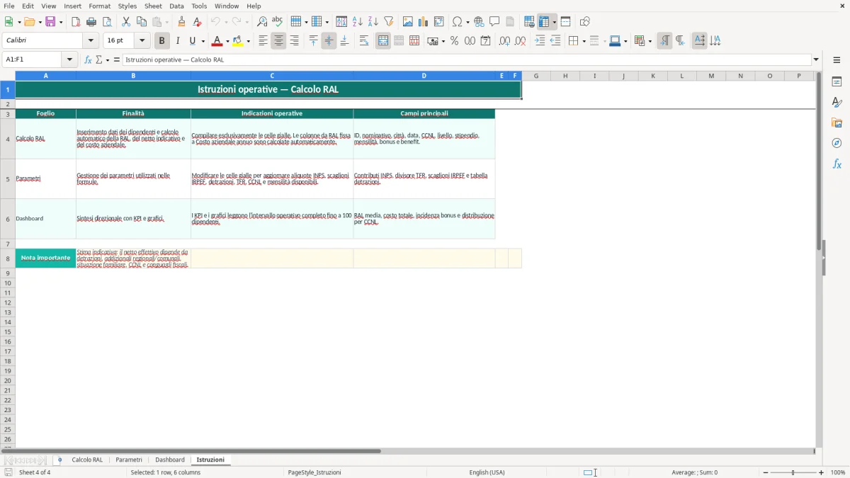Schermata 4: foglio Istruzioni - Modello Excel calcolo ral excel