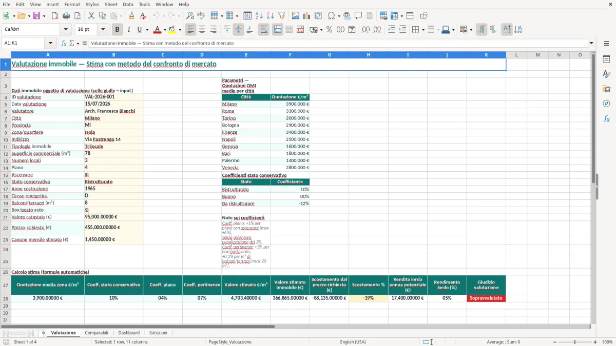 Schermata 1: foglio Valutazione - Modello Excel valutazione immobile excel