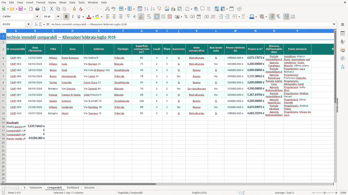 Schermata 2: foglio Comparabili - Modello Excel valutazione immobile excel