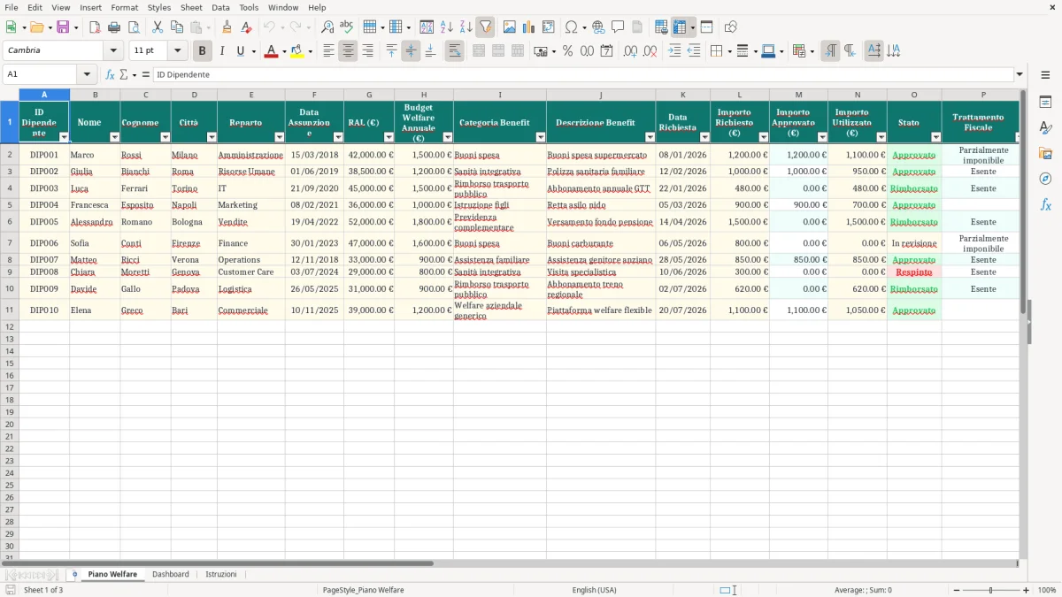 Schermata 1: foglio Piano Welfare - Modello Excel welfare aziendale excel