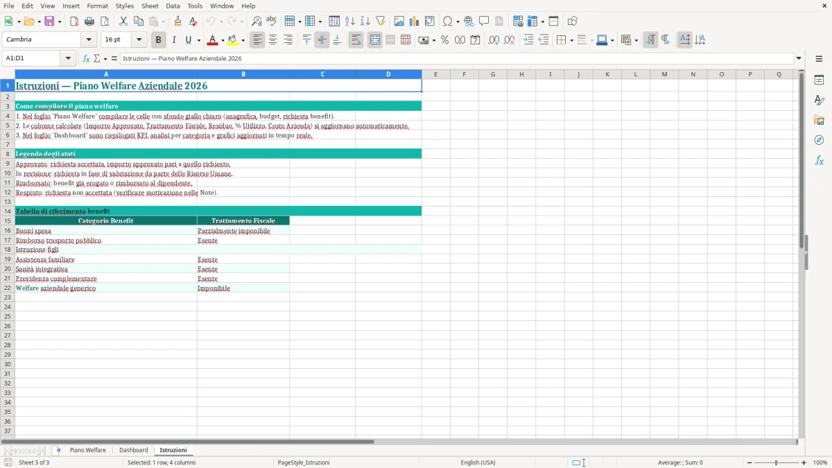 Schermata 3: foglio Istruzioni - Modello Excel welfare aziendale excel