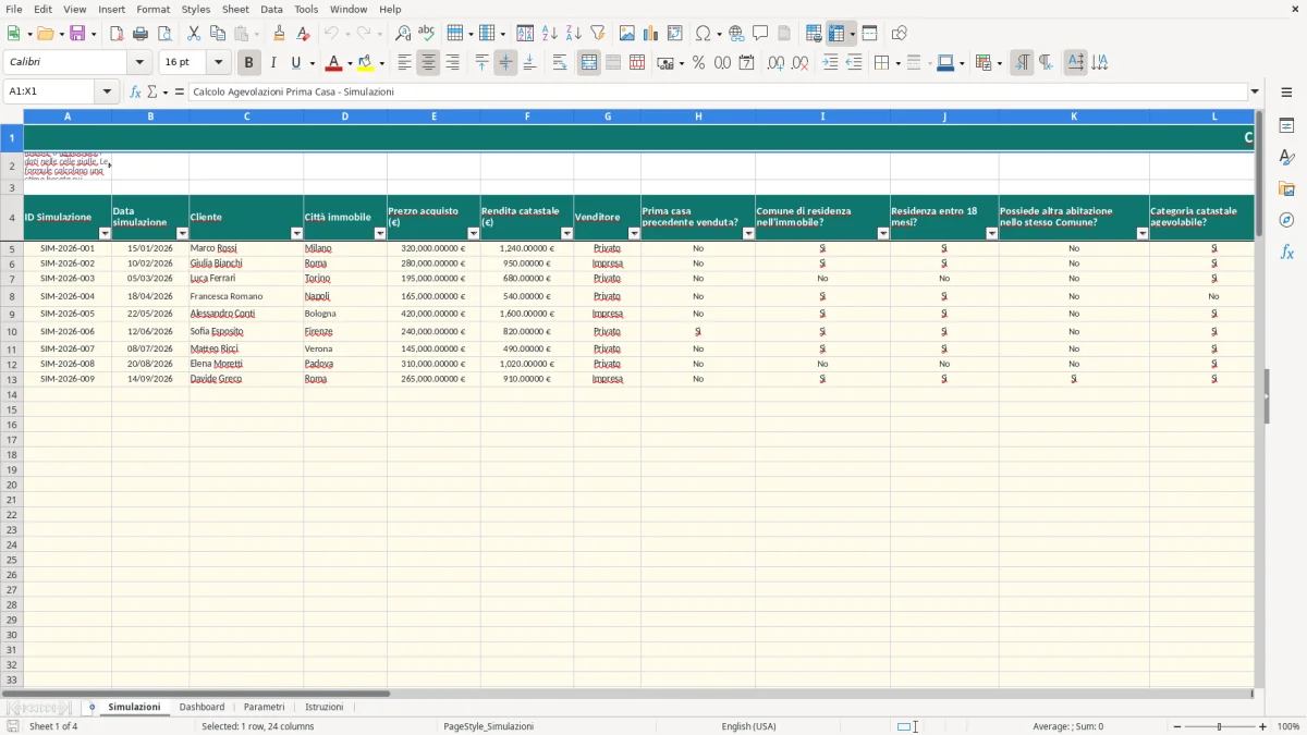 Schermata 1: foglio Simulazioni - Modello Excel calcolo agevolazioni prima casa excel