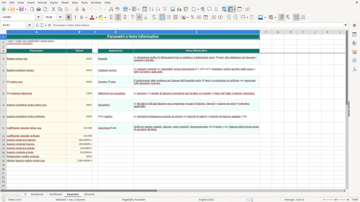 Schermata 3: foglio Parametri - Modello Excel calcolo agevolazioni prima casa excel