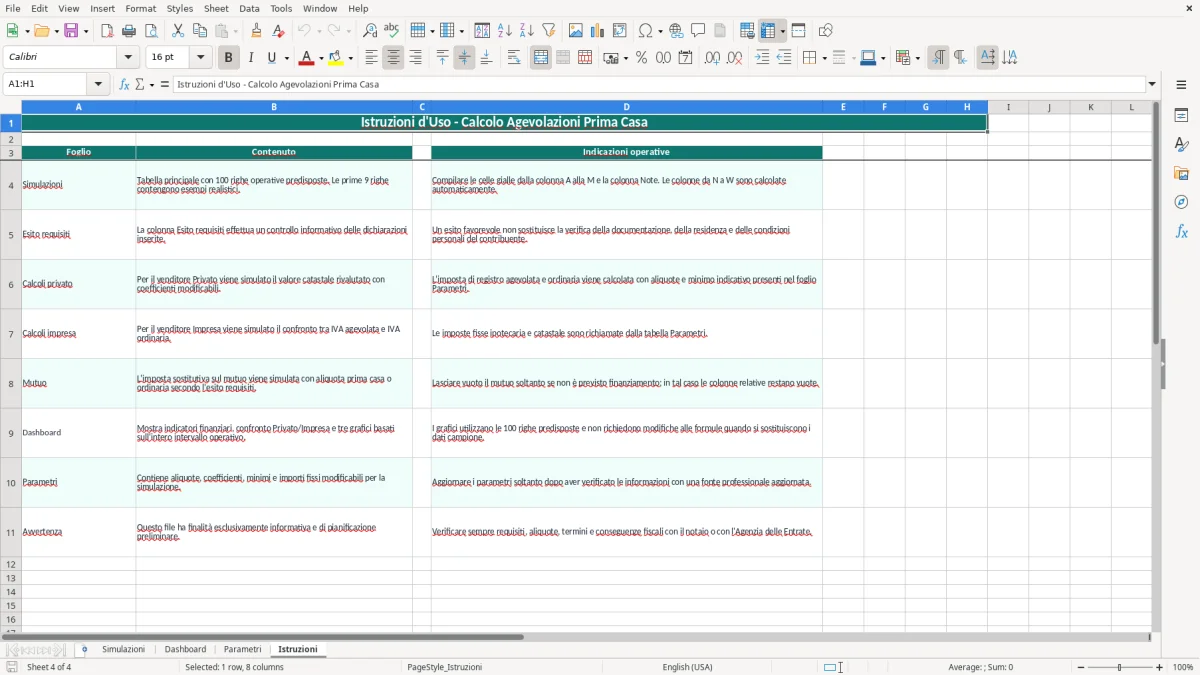 Schermata 4: foglio Istruzioni - Modello Excel calcolo agevolazioni prima casa excel