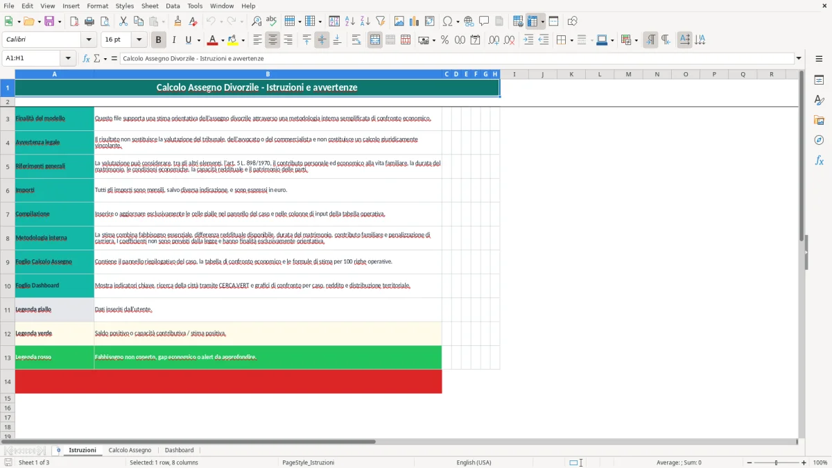 Schermata 1: foglio Istruzioni - Modello Excel calcolo assegno divorzile excel