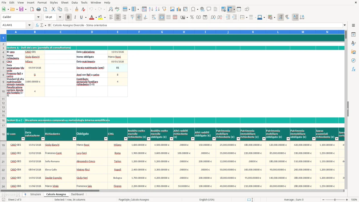Schermata 2: foglio Calcolo Assegno - Modello Excel calcolo assegno divorzile excel